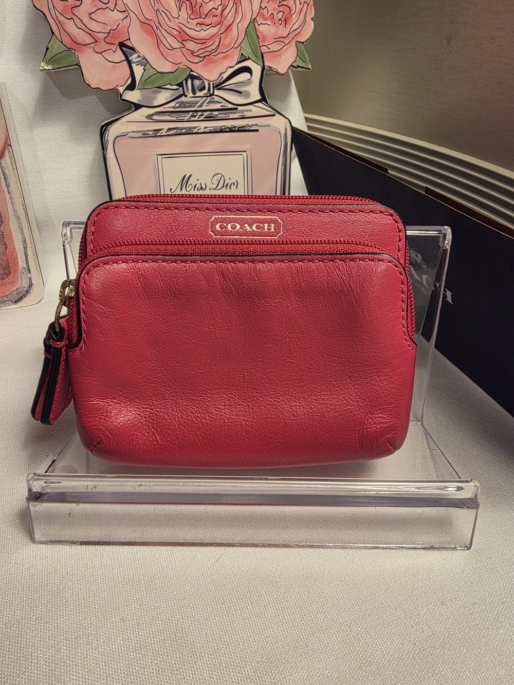 COACH Scarlett Red Leather Double-Zip Card/Coin Pouch - Picture 5 of 6